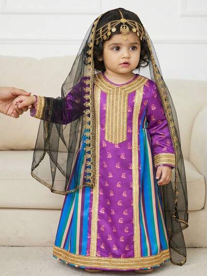 SHEIN 女婴优雅可爱彩色条纹腰果图案连衣裙/正式礼服