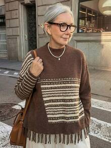 Vivie Lora Women's Geometric Patchwork Contrast Color Fringe Loose Knit Sweater - Khaki - View 3