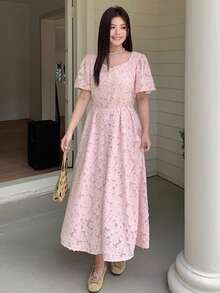 Dazy Plus Plus Size Floral Print Square Neck Textured Fabric Waist Cinched Maxi Party Dress, Pink, Spring/Summer Vacation Sundress - Pink - View 4