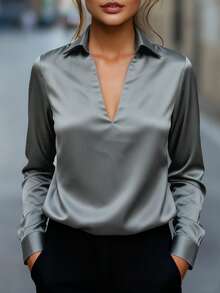 Balvessa Women's Solid Color Elegant Deep V-Neck Pullover Blouse - Grey - View 4