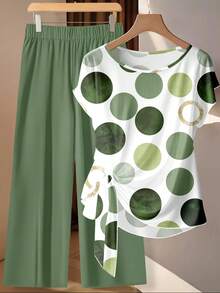 SHEIN Clasi 2pcs/Set Women's Casual Polka Dot Print Tie Front Blouse And Loose Straight Leg Pants, Suitable For Spring/Summer Vacation Carnival Blouse And Pants Set Green Set Women - Multicolor - View 3