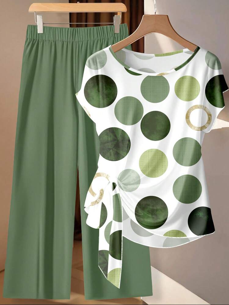 SHEIN Clasi 2pcs/Set Women's Casual Polka Dot Print Tie Front Blouse And Loose Straight Leg Pants, Suitable For Spring/Summer Vacation Carnival Blouse And Pants Set Green Set Women - Multicolor - View 3