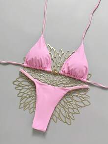 Swim Mod Women's New Metal Decor Solid Color V-Neck Halter Backless Triangle Bikini Set, Sexy Thong Swimsuit, Spring/Summer - Pink - View 2