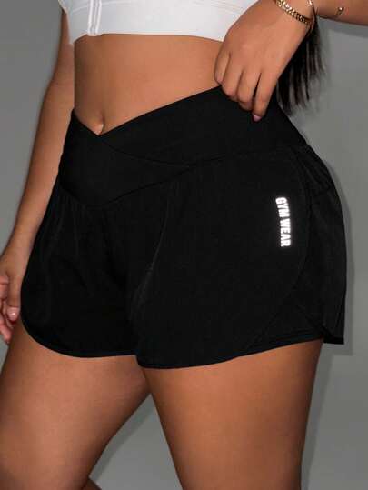 Rhythm Era Plus Size Casual Black High Elastic Waist Asymmetrical Crossover Side Letter Print Pocket Activewear Shorts