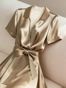 Franclia 女士优雅深V领系带中长连衣裙，带蝴蝶结 - 卡其色 - 查看 3