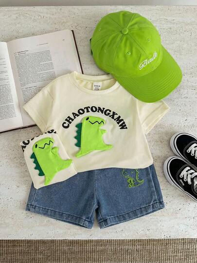 SHEIN Playful Pals 2pcs Baby Boys Casual Adorable Dinosaur Outfit, Includes Beige Cartoon Dinosaur Print T-Shirt And Light Blue Denim Shorts, Suitable For Children Everyday Casual Wear, Boys Suit, Autumn Boys Clothing, Fits 3 Years Old Boys, Infant Boys Fashion, Autumn Infant Boys Outfit Dinosaur Clothes Baby Boy Dinosaur Outfit 24 Months Boy Clothes Baby Boy Summer Set Baby Boy Clothes 24 Months Boy Set