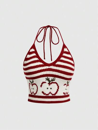 ROMWE Kawaii Valentine's Day Spring / Summer Plus Size Women's Cute Plus Size Apple Print Loose Knit Crop Top