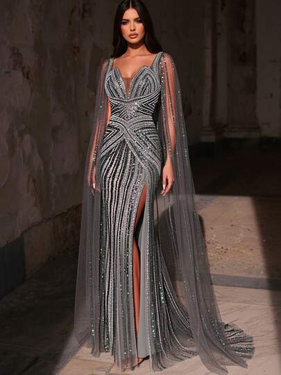 Aureia Robe sirène élégante et luxueuse en mousseline de soie verte sauge avec perles et sequins, manches. Convient pour le mariage, la fête, les vacances, le bal, la robe de soirée (très ornée)