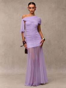 SHEIN BAE Đầm dạ hội thanh lịch dành cho nữ, cổ bất đối xứng, xếp ly, ôm sát, chất liệu lưới xuyên thấu, vạt đuôi cá. - Màu tím hoa cà - Xem 3