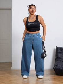 SHEIN ICON Quần jeans ống đứng dáng rộng, thoải mái, đa năng, cạp chun co giãn, cỡ lớn. - Rửa nhẹ - Xem 5