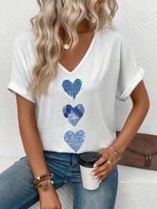 EMERY ROSE Fashionable Casual New White Front Panel Denim Heart Print T-Shirt - White - View 5