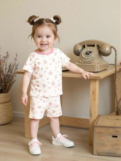Set de 2 piezas de ropa para niña, camiseta de manga corta con estampado floral rosado lindo emparejada con shorts sencillos, adecuado para salidas en verano