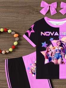 SHEIN 两件套女婴撞色卡通人像图案短袖圆领T恤和喇叭裤套装，适合春夏穿着，Y2K风格 - 彩色 - 查看 5