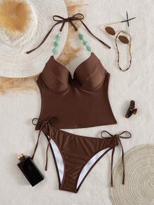 Swim Chiccia Sexy Women's Short Brown Tankini Top And Bikini Bottom With Halter Neckline - Brown - View 4
