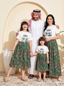 SHEIN 2pcs/Set Girls' Traditional Arabic Clothing, Floral Print Decor White Short Sleeve T-Shirt (Featuring Floral Pattern + Intricate Eye Design) + Vintage Dark Green Floral Pleated Skirt Set - Multicolor - View 4