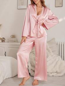 Côtesoire 3pcs Ladies Satin Lace Pajama Set, Fall Winter Clothes - Multicolor - View 4
