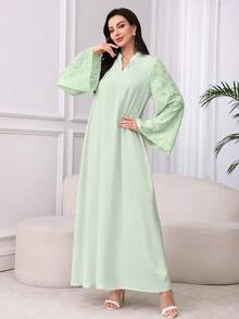 Al Najma 酒红色女士V领喇叭袖仿珍珠装饰优雅阿拉伯连衣裙，优雅端庄魅力束腰长袍阿拉伯连衣裙，适合晚宴/日常休闲穿着 - 綠色 - 查看 6