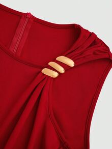 Franclia 女士优雅假日红色金属扣装饰无袖连衣裙 - Fiery Red - 查看 8