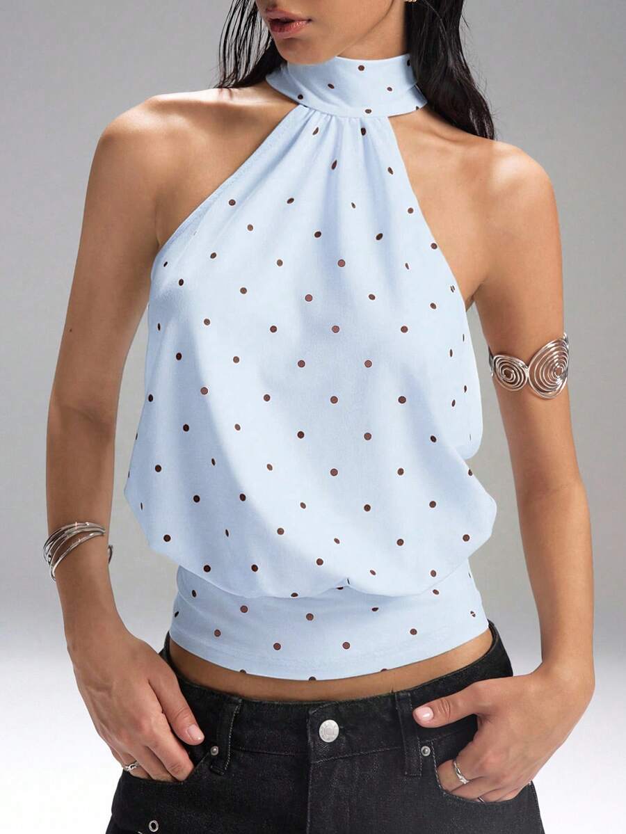 LYSMO 女士波点高领拉链针织背心，无袖，简约休闲，适合日常通勤，多色撞色背心 - 彩色 - 查看 1