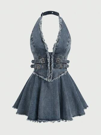 Grunge Punk Abito di jeans mini con spalle scoperte, balze e orlo arricciato, colore lavato effetto vissuto, nero