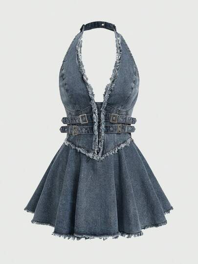 Grunge Punk Robe en jean mini avec volants à l'épaule et ourlet délavé et déchiré style Y2K, noir