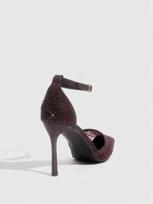CUCCOO SZL Sapatos de salto alto de bico fino na cor champanhe com strass e painéis de tule, sapatos de festa luxuosos e brilhantes para mulheres, ideais para casamentos. - Borgonha - Ver 8