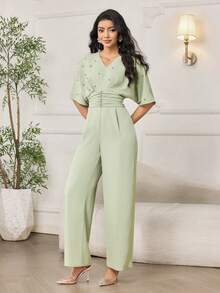 Modelyn Bộ áo liền quần đính đá lấp lánh thời trang mới dành cho nữ - Màu xanh Bạc hà - Xem 3