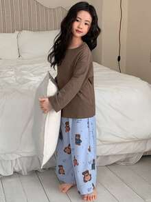 DAZY 2件套女童圆领长袖针织上衣和裤子家居服套装 - 棕色 - 查看 4