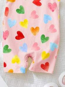 Cream Pink, Colorful Hand-Painted Heart Print, Baby Girl Casual Romper, Suitable For Spring/Summer - Multicolor - View 3