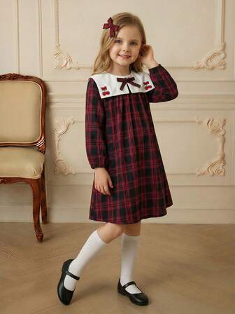 PrepCrw Young Girls' Preppy Style Patchwork Peter Pan Collar, Bowknot, Plaid Long Sleeve Dress