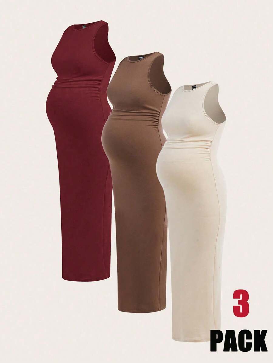 SHEIN Đầm bầu không tay, màu trơn, cổ tròn, xếp ly, ôm dáng, kiểu dáng thường ngày. - Nhiều màu - Xem 1
