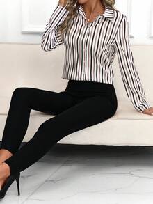 SHEIN Clasi 女款黑白條紋長袖開襟衫與彈性修身九分褲兩件套，優雅通勤、休閒秋季穿搭 - 黑色 - 查看 7
