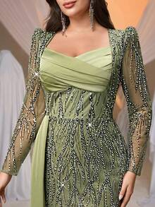 Glamrae Plus Size Sage Green Elegant Spring Wedding Dress, Asymmetric Neckline Sequin & Mesh Mermaid Evening Gown With Side Drape For Party Events - Green - View 6