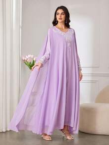 Al Najma Rochie de petrecere luxoasă pentru femei, Abaya maxi din șifon, cu paiete argintii și imprimeu floral