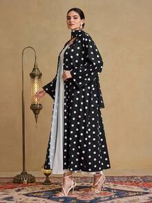 Al Najma Women's Elegant Polka Dot Print Front Open Loose Arabic Abaya Robe - Black and White - View 5