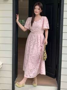 Dazy Plus Plus Size Floral Print Square Neck Textured Fabric Waist Cinched Maxi Party Dress, Pink, Spring/Summer Vacation Sundress - Pink - View 6