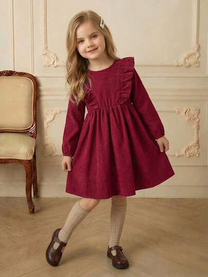 PrepCrw 女童灯芯绒荷叶边领长袖套头连衣裙