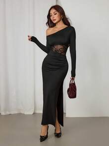 SHEIN PETITE 纯色斜肩长袖蕾丝拼接优雅派对女装连衣裙，夏季女装，下午茶会连衣裙 - 黑色 - 查看 8