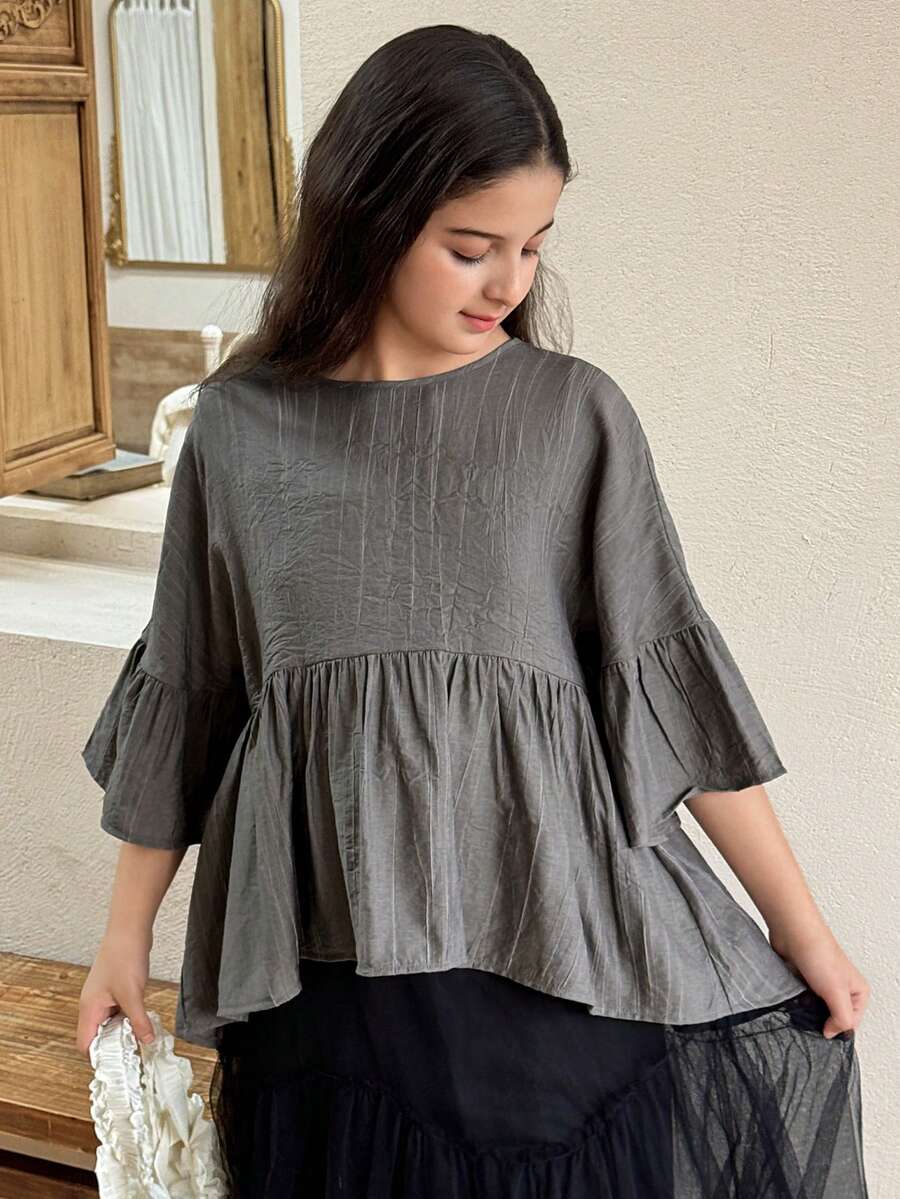DAZY Tween Girl Loose Fit Round Neck Flare Sleeve Ruffle Hem Blouse Spring - Grey - View 1