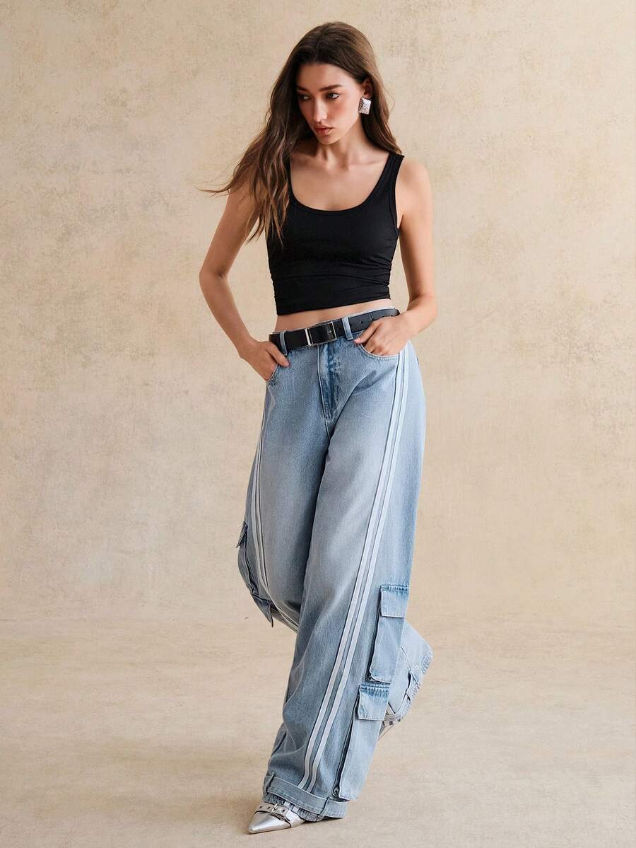 Anewsta Heavy-Duty Blue Striped Print Denim Jeans - Blue - View 1