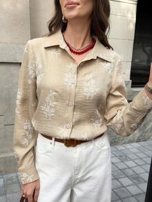 Solivie 休闲通勤花卉刺绣衬衫，女士夏季优雅通勤办公装，适合各种场合。杏色亚麻刺绣长袖衬衫，设计精致优雅，百搭实用，是度假的理想之选。春季女装 - 白色 - 查看 4