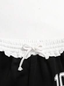 SHEIN Pantalones de chándal casuales holgados de pierna ancha con estampado de número y cintura con cordón de color bloque para niña preadolescente - Negro - Ver 3