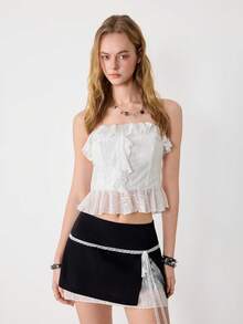 Ardnt Classic Black & White Low-Waist A-Line Lace Patchwork Elegant Slim-Fit Tie-Up Lace Bow Skirt For Women - Black and White - View 6