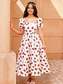 少女休闲度假优雅碎花玫瑰印花泡泡袖腰部褶皱喇叭裙摆公主连衣裙，杏色 - 杏色 - 查看 2