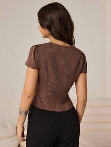 Aidyla Brown Vertical Striped Hollow Zipper Design Fashionable Sexy Women Blouse - Brown - View 2