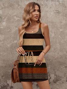 SHEIN LUNE Robe courte imprimée rayée décontractée pour femmes, convenant au printemps/été. Robes rayées pour carnaval pour femmes. Robe décontractée. Robe midi décontractée. Robe ton terre. Robe d'été moulante décontractée - Multicolore - Voir 4