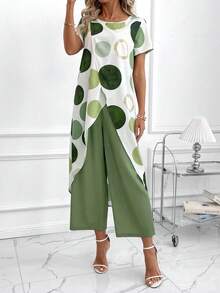 SHEIN Clasi 女士优雅波点印花圆领开衩下摆短袖上衣搭配绿色弹力腰长裤两件套度假套装，夏季 - 彩色 - 查看 9