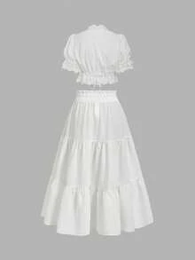 SHEIN MOD 女士蕾丝泡泡袖V领黑色上衣和波西米亚风迷你裙，趣味衬衫，休闲假日，情人节服装，夏季假期，夏季，早午餐，情人节，女士海滩装，情人节女士装，海滩度假，性感邮轮女士装，复活节 - 白色 - 查看 2