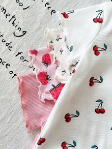 SHEIN LMoss Kids 4pcs/Set Cute Ditsy Floral Short Sleeve Knit Tops,Versatile Summer Cherry Baby Clothes Girl Watermelon Shirts Strawberry - Multicolor - View 5