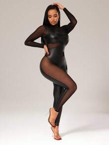 Radiana 极致性感休闲黑色网纱与PU皮革拼接透视镂空连体裤，不对称拼接修身款，妩媚大胆，适合夜店/派对/聚会/音乐节等场合穿着 - 黑色 - 查看 6